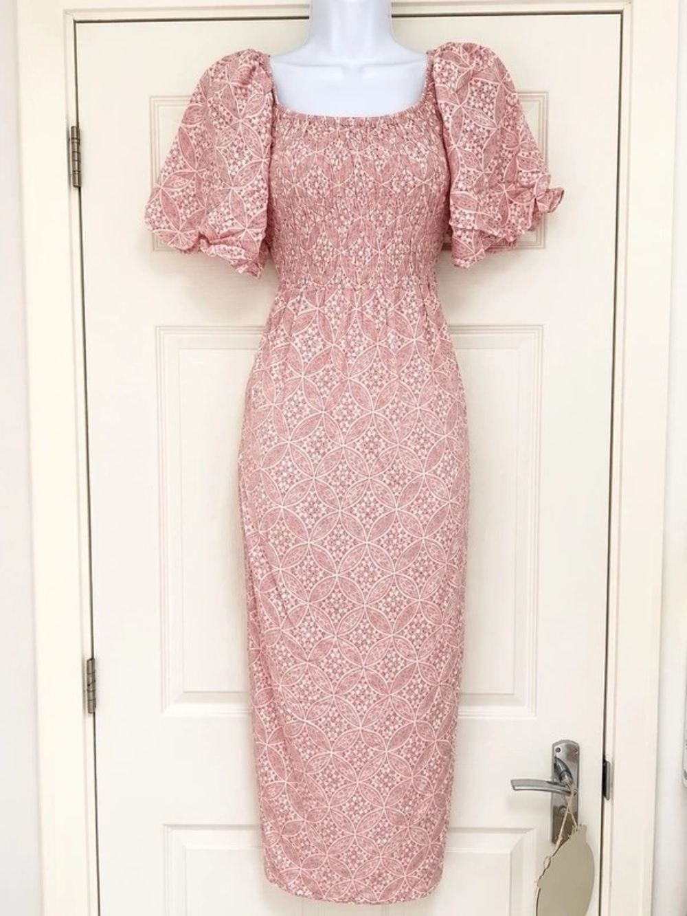 Smocked Square-Neck Maxi Dress with Puff Sleeves in Dusty Rose